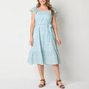 St. John's Bay Womens Short Sleeve PlaidMidi Fit + Flare Dress, Pockets Size XL
